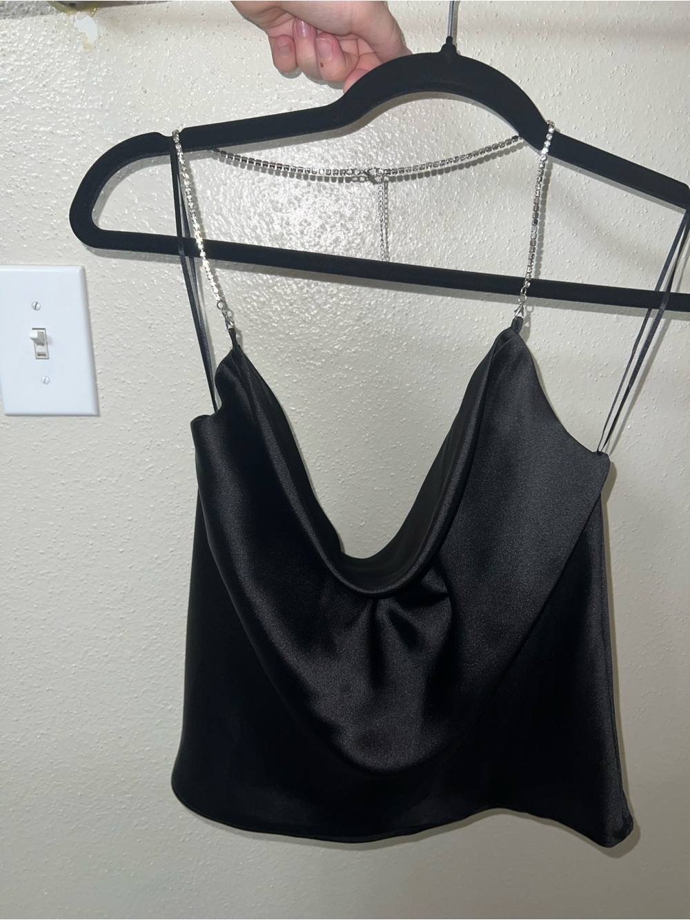 Le Lis Black Satin Cowl Neck Camisole with Chain Straps